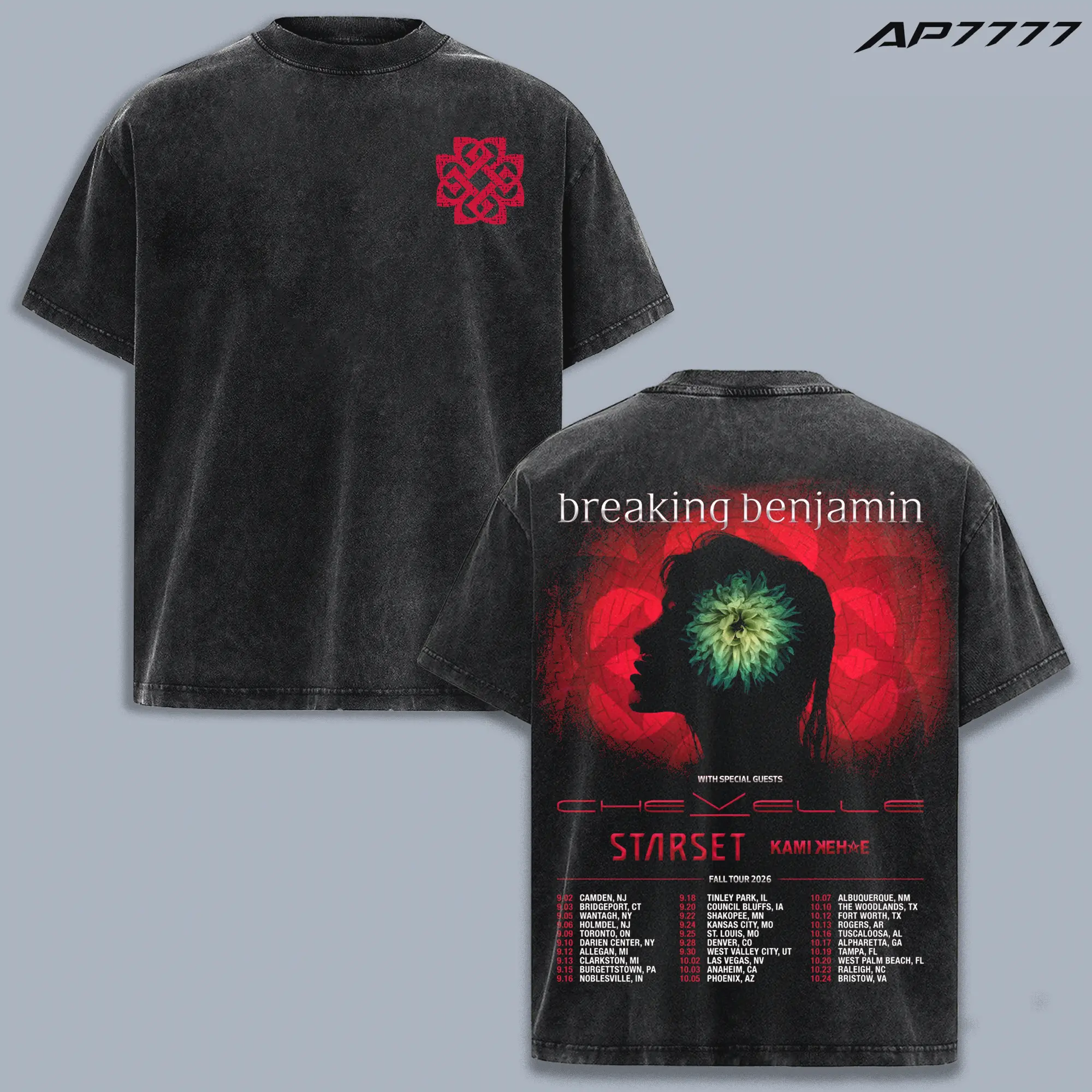 Breaking Benjamin Fall Tour 2026 Vintage Washed T-Shirt, Rock Band Graphic Tee, Alternative Metal Concert Merch, Chevelle Starset Kamelot Tour Style Shirt, Double Sided Tour Dates Print Tee, Heavyweight Cotton Unisex Streetwear Top, Music Fan Gift Apparel
