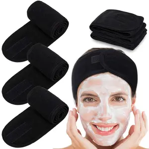 4 Counts Spa Facial Headband  Head Wrap Terry Cloth Headband Stretch Towel with Magic Tape for Bath, Makeup and Sport, 3.5" Wide (Black)