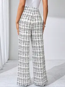 Women's Fashion Plaid Element Fitted Flare Leg Pants, Stylish High Waist Long Trousers, Trendy Casual Wear for Spring & Fall Seasons