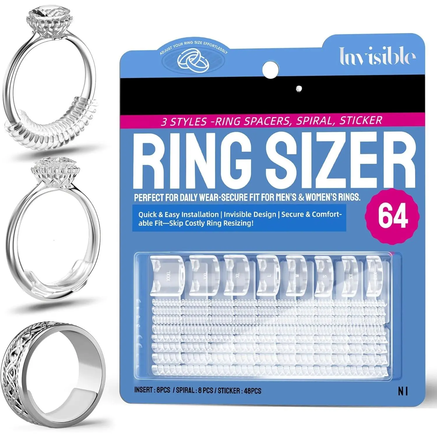 Ring Sizer Adjuster for Loose Rings, 64- Set with 3 Types (Spiral Coils, Ring Guards, Sizing Strips) Fits Ring Widths 1-10mm, Invisible Resizing Solution for Women & Men