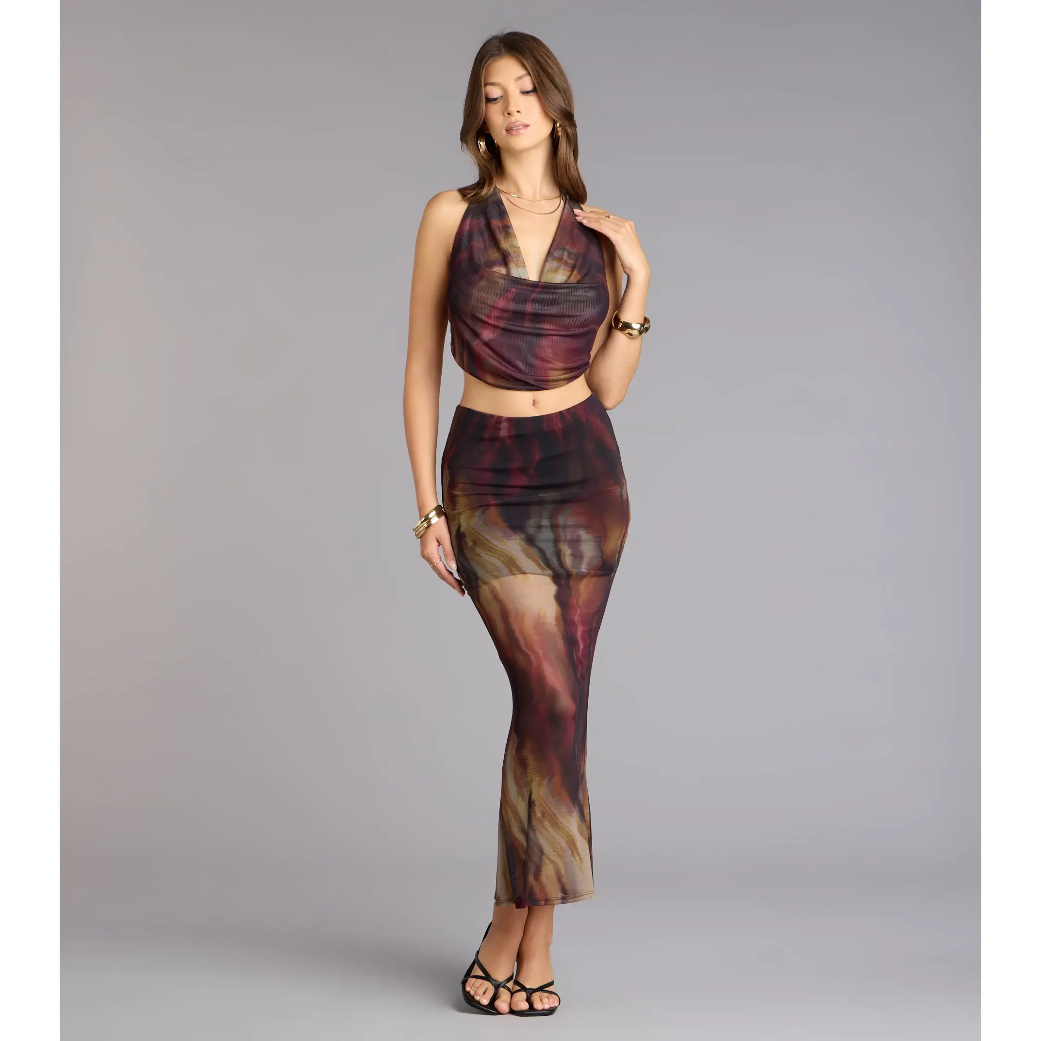 Night Out Muse Abstract Print Mesh Maxi Skirt