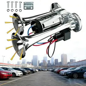 Powerful 12V 130DB Super Loud Dual Trumpet Air Horn Kit with Compressor, Universal Chrome Waterproof Vehicle Horn for Car Truck SUV Motorcycle Boat