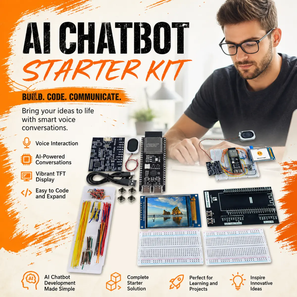 LAFVIN AI Chatbot Kit for ESP32-S3, Preloaded OpenAI ChatGPT & Deepseek Voice Assistant Projects, 2.0 Inch TFT Display, Audio Codec Module, Speaker & Tutorial for AI Voice Interaction Learning