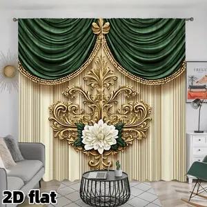 2D Flat 2Pcs Luxury European Style Curtains with Gold Baroque Floral Pattern Green Swag Valance Rod Pocket Design Premium Polyester Drapes Suitable for Living Room Bedroom Hotel Villa Window Decoration Anti Privacy