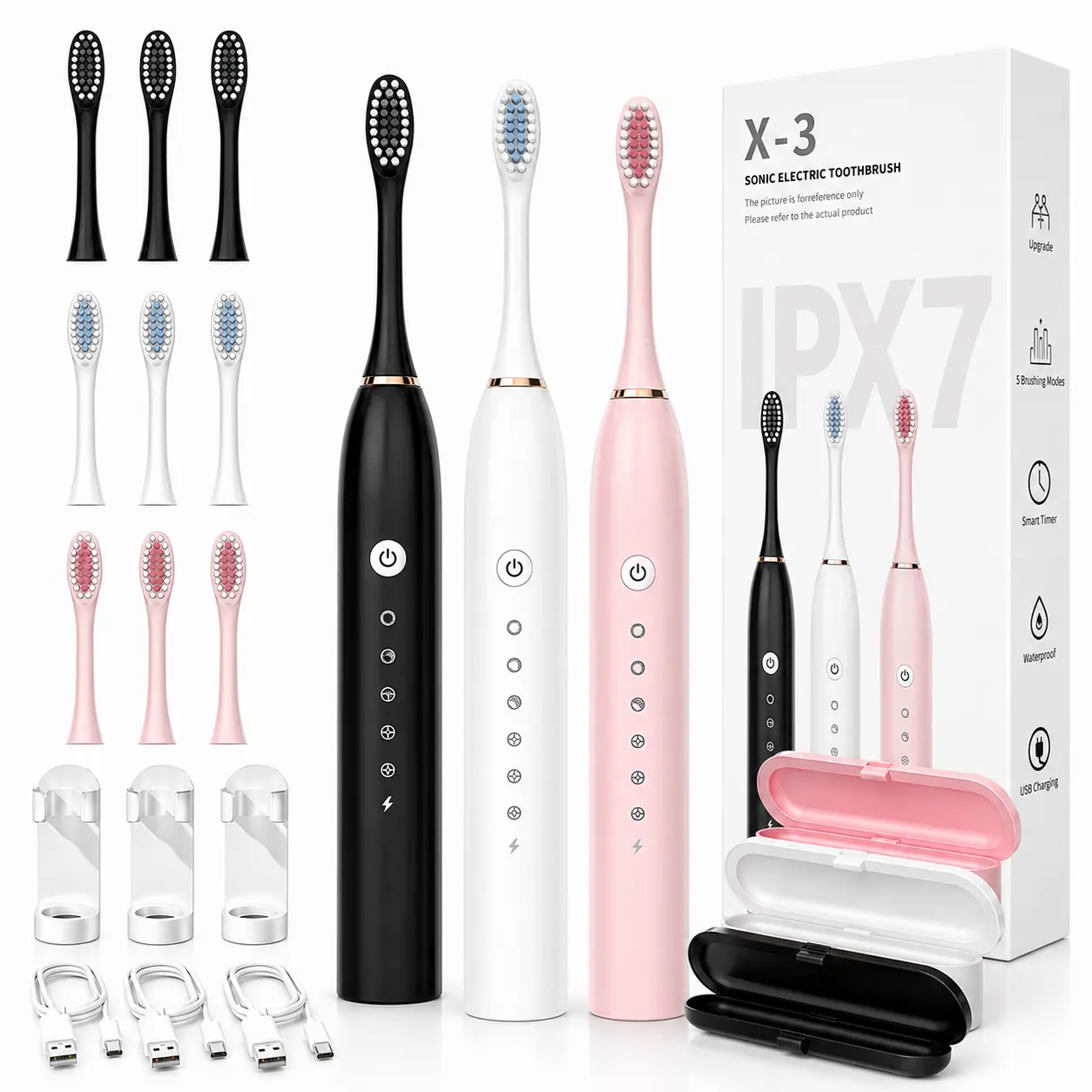 Sonic Electric Toothbrush with Travel Case, 6 Cleaning Modes Rechargeable Toothbrush, IPX7 Waterproof, 3 Brush Heads & Stand Included, Halloween Christmas Gift for Men Women