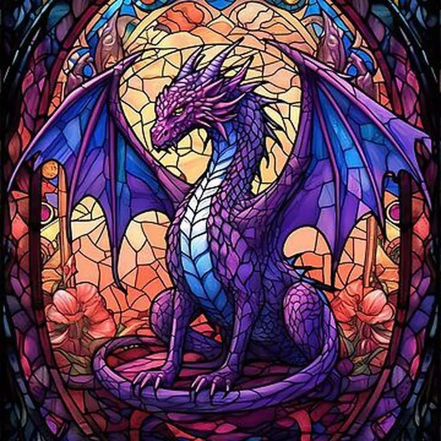 5D DIY Full Drill Round Diamond Painting - Diamond Art Painting Kit Purple Dragon, Colorful Glass, Flower Mosaic, Canvas - DIY Decorative Painting, Home Wall Decor, Suitable for Halloween and Christmas, Birthday and Anniversary Gifts