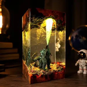 King of Monsters Resin Diorama, Handcrafted Atomic Breath Kaiju Figurine, Epic City Battle Ornament, Artisan Wood Base Desk Decor, Gift for Him