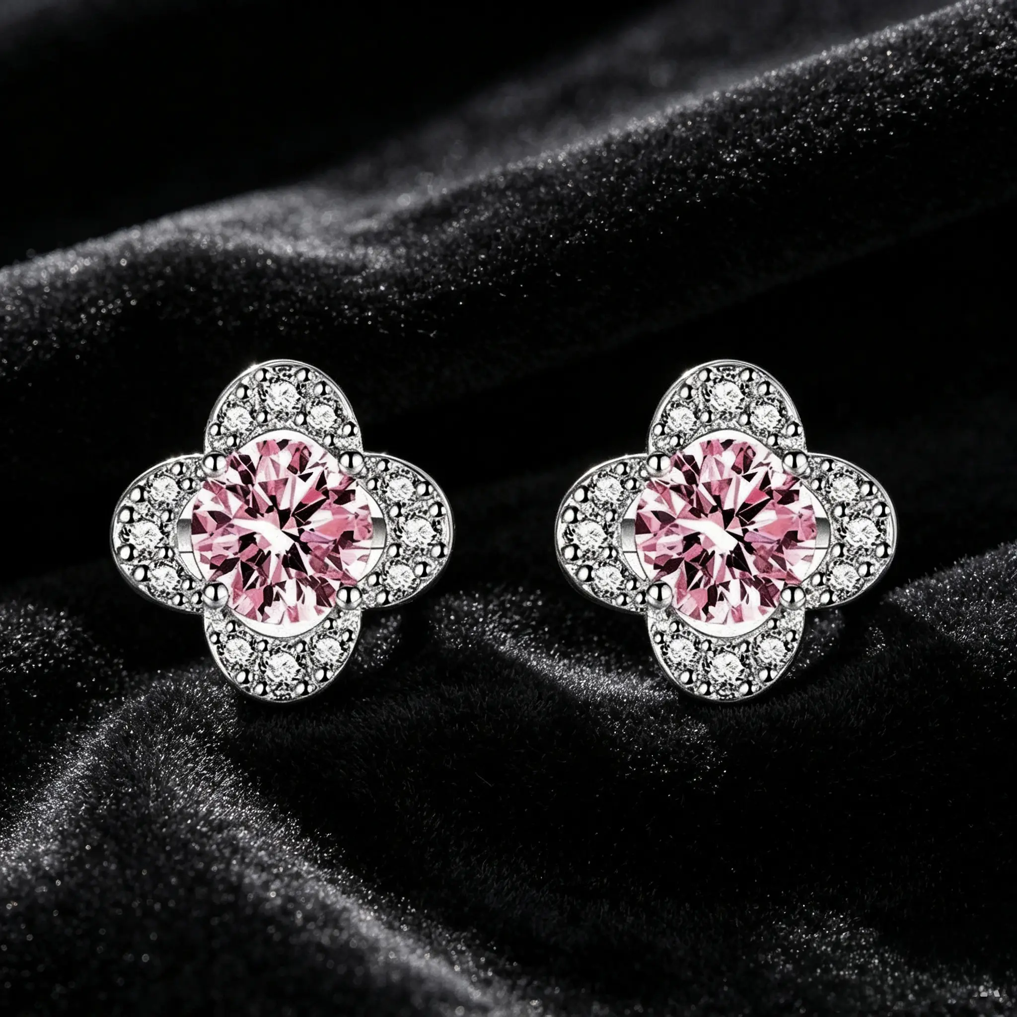 Women's Silver 3-Petal Blush Pink Artificial Gemstone Earrings - Sweet, Luxurious, Versatile Niche Jewelry with 7-Day No-Return Reason Policy