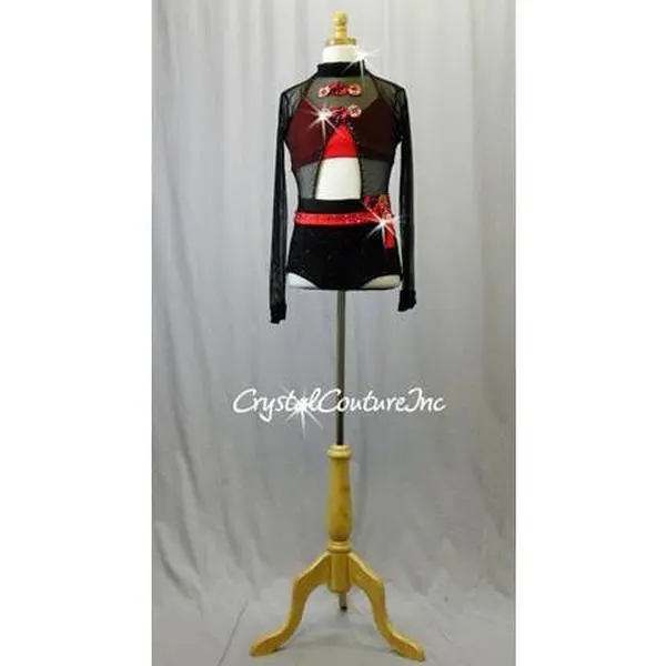Black Sheer Mesh and Lace Leotard with Red Bra Top - Swarovski Rhinestones