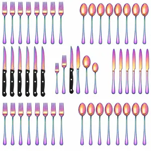 48 Piece Colorful Rainbow Silverware Set For 8, Polished Stainless Steel, Tableware Eating Utensils Set for Kitchen, Restaurant, Including Knife, Fork, Spoon, Cutlery  Flatware Set Dishwasher safe