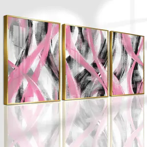 3 Count Aluminum Alloy Frame Canvas, Fashion Poster Pink And Black Abstract Brush Art, Modern Living Room Decoration, Light Luxury Family Art, Suitable For Bedroom, Corridor And Office Wall Decor, Gift