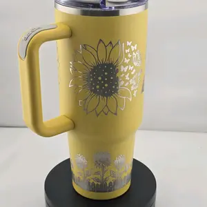 Sunflower Butterfly 40 oz Yellow Tumbler with Sunflower Design and Yellow Handle