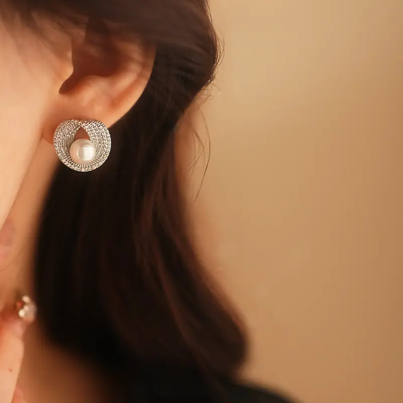 Women's Alloy Irregular Needle Earrings with Silver Zircon & Round Artificial Pearls - Basic, Elegant, High-Quality Daily Fashion Accessories, Ideal Summer Gift for Females, Round Pearl