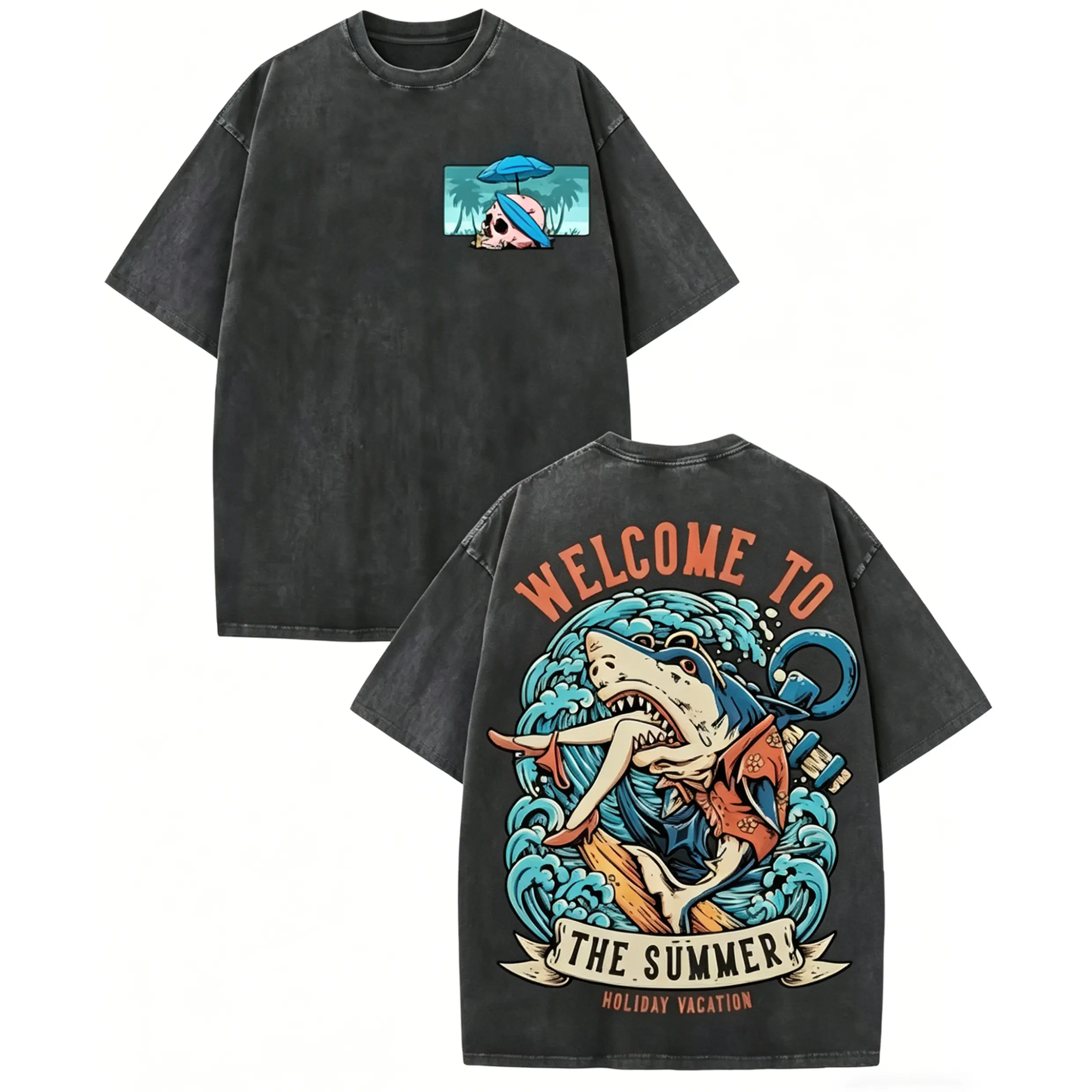 Welcome To The Summer Washed Graphic Tee, Retro Surf Shark Oversized Cotton Comfort T-Shirt, Vintage Beach Vacation Outfit, Casual Ocean Fashion Top, Perfect Valentine's Day Gift for Him Her, Cool Skull & Shark Statement Shirt