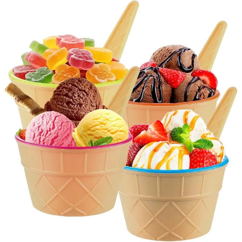 4 Pack Ice Cream Bowls and Spoons Set, Frozen Yogurt Cups with Spoons Durable Plastic Candy Color Lovely Dessert Bowls DIY Ice Cream Tools For Festive Party Favor Kids Gift