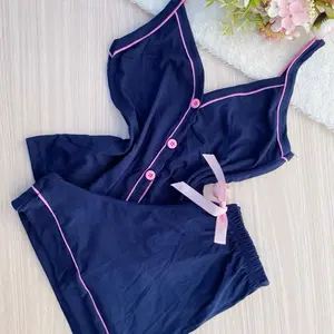 Pijama Júlia Set - Navy Blue with Pink Trim Comfortable Sleepwear for Women