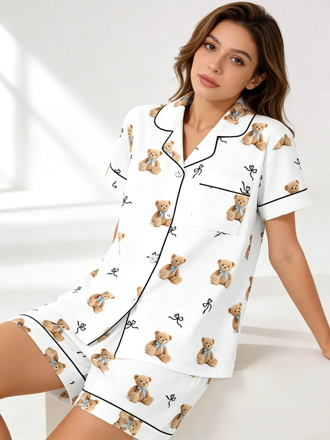 Lazy Style White Teddy Bear Bow Pajama Set Pyjamas Women, Button Down Short Sleeve, Spring Summer Soft Sleepwear Loungewear, All-over Print, Loose Fit Homewear Pjs