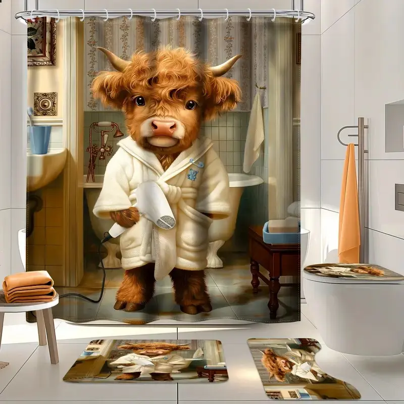 1/4pcs 2D flat fun bathroom Highland cow shower curtain set, non-slip floor mat, U-shaped carpet, toilet cover, perfect for bathroom decoration, partition, beautify the space, free 12 shower curtain hooks, Bathroom Decoration Accessories