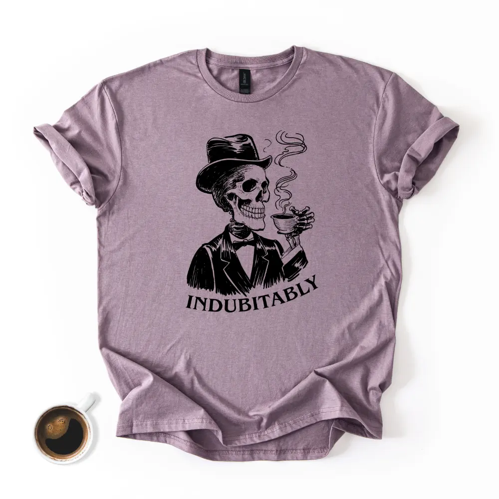BCSTees2U "Indubitably" Tee by Gildan 64000 - 100% Cotton Vintage Skeleton Gentleman Coffee Lover Shirt for Gothic & Spooky Season
