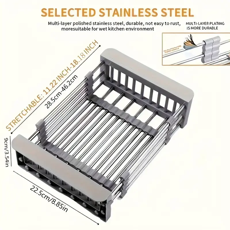 Stainless Steel Hanging Dish Rack 1 Count Adjustable Multi-function Water Filter Basket for Fruits Vegetables Kitchen Sink Organizer Expandable Removable Elegant Multifunctional