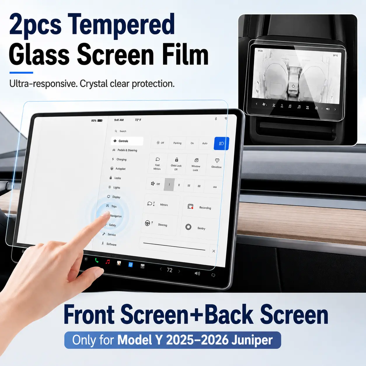 YESHAAN 2pcs HD Tempered Glass Screen Protectors for Tesla Model Y Juniper 2025-2026 & Model YL, Front and Rear Screen Protector, Scratch-Resistant Interior Accessory