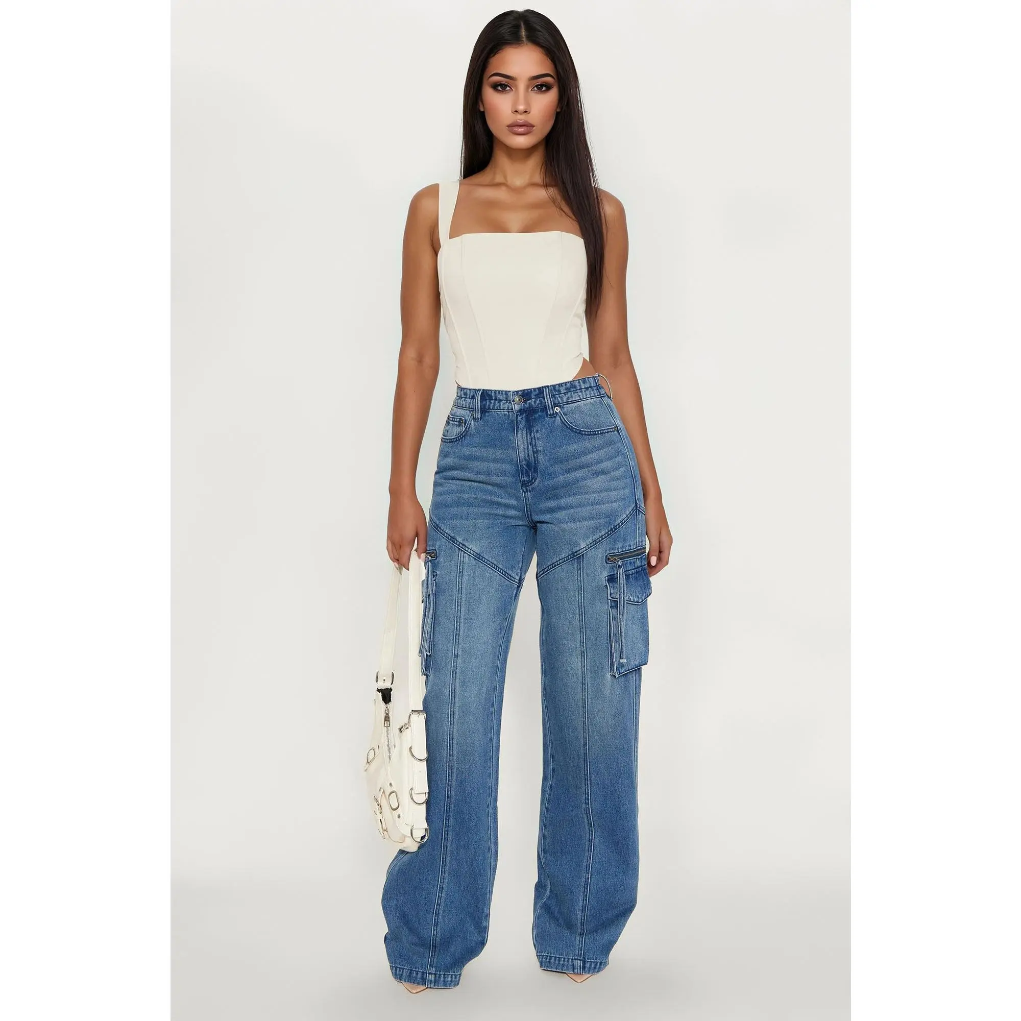 Tall Devil In Disguise Cargo Straight Leg Jeans - Medium Wash