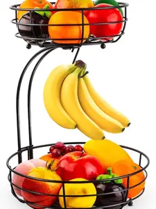 2-Tier Fruit Basket with Banana Hanger, Iron Countertop Fruit & Vegetable Storage Stand, Large Capacity Kitchen Organizer Bowl
