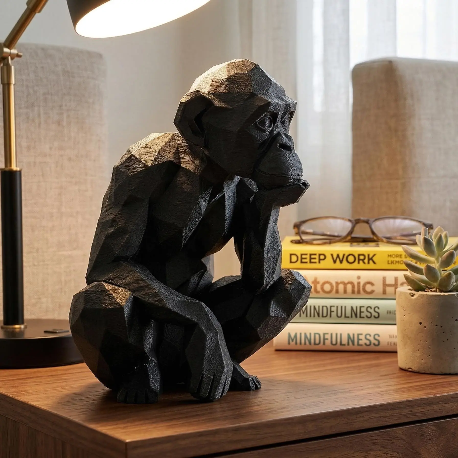 Monkey Figurine, Geometric Thinker Model, Minimalist Primate Decor, Modern 3D Printed Art