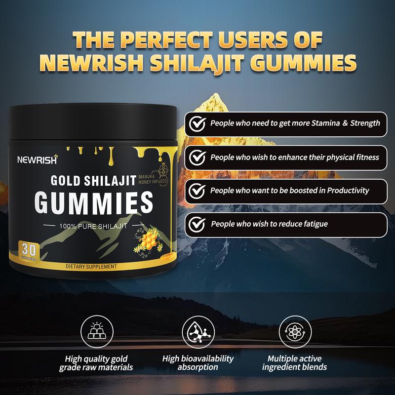 Newrish Himalaya Shilajit Gummies - 100% Natural and Organic - Improves Athletic Performance - With Manuka Honey / Fulvic Acid and 85+ Trace Mineral Complex - 30 Gummies