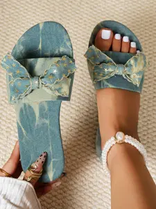 Fashionable Denim Design Slip on Sandals, Casual Comfortable Flat Sandals for Summer, Lightweight Soft Bottom Beach Shoes for Women & Girls, Footwear