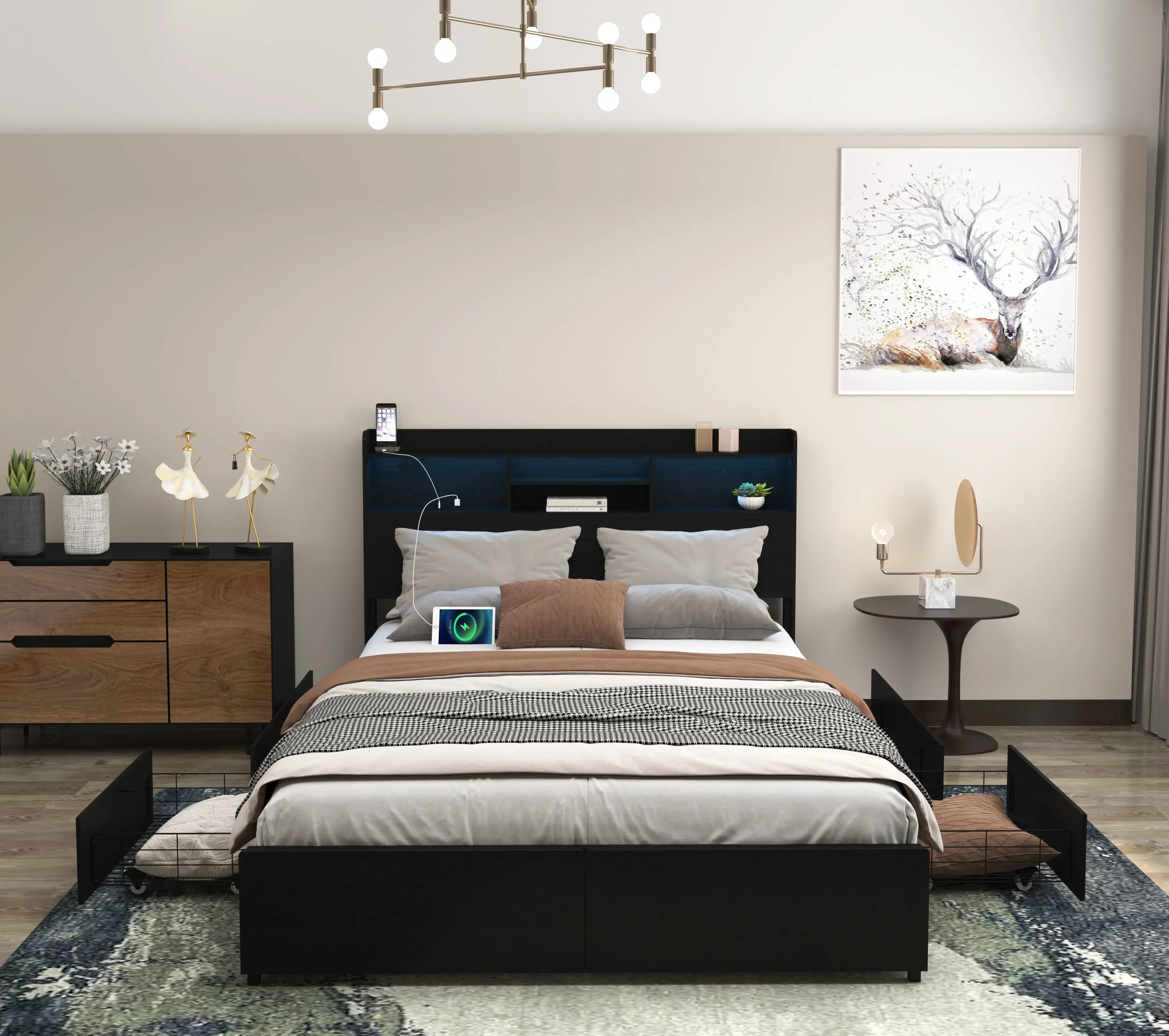 Glam Queen Full Size Full Metal Wood Bed Frame with Storage - Multifunctional Headboard & Shelf, 4-Drawer Organizer, Charging LED Station, Silent, No Box Spring Needed, Black, Bed Frames With Storage