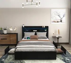 Queen/Full Bed Frame with 4 Storage Drawers Headboard & Storage Shelf LED Charging Station No Noise No Box Springs Needed Black