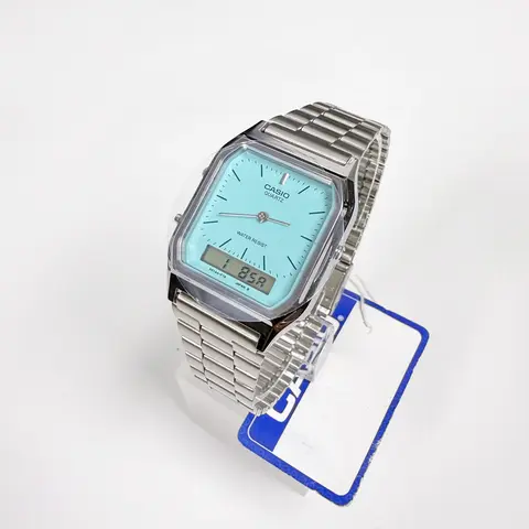 Casio AQ-230A-2A2MQY Digital Watch with Green Face and Silver Band Classic Design Vintage