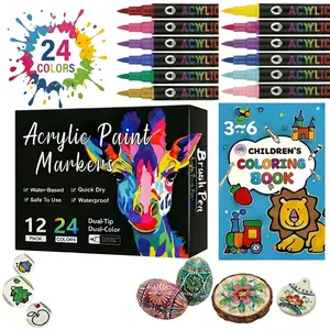 24Colors Dual Tip Acrylic Paint Pens for Rock & Glass Painting, Free Coloring Book, Creative DIY Art Gifts