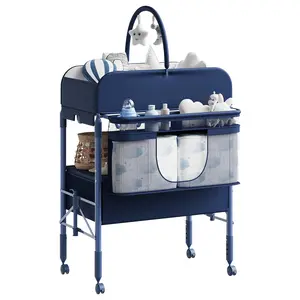 Adjustable Height Baby Changing Table with Wheels, Adjustable Height Changing Station with Storage Drawers, Mobile Nursery Organizer for Newborn Infant Baby, Blue