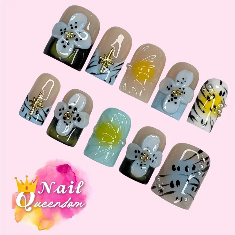 Nail Queendom [FIERCE IN BLOOM] Handcrafted Press-On Nails Reusables Long Lasting Salon Quality Easy Application 10 Pieces Set Eco-Friendly 3D-gel Finish