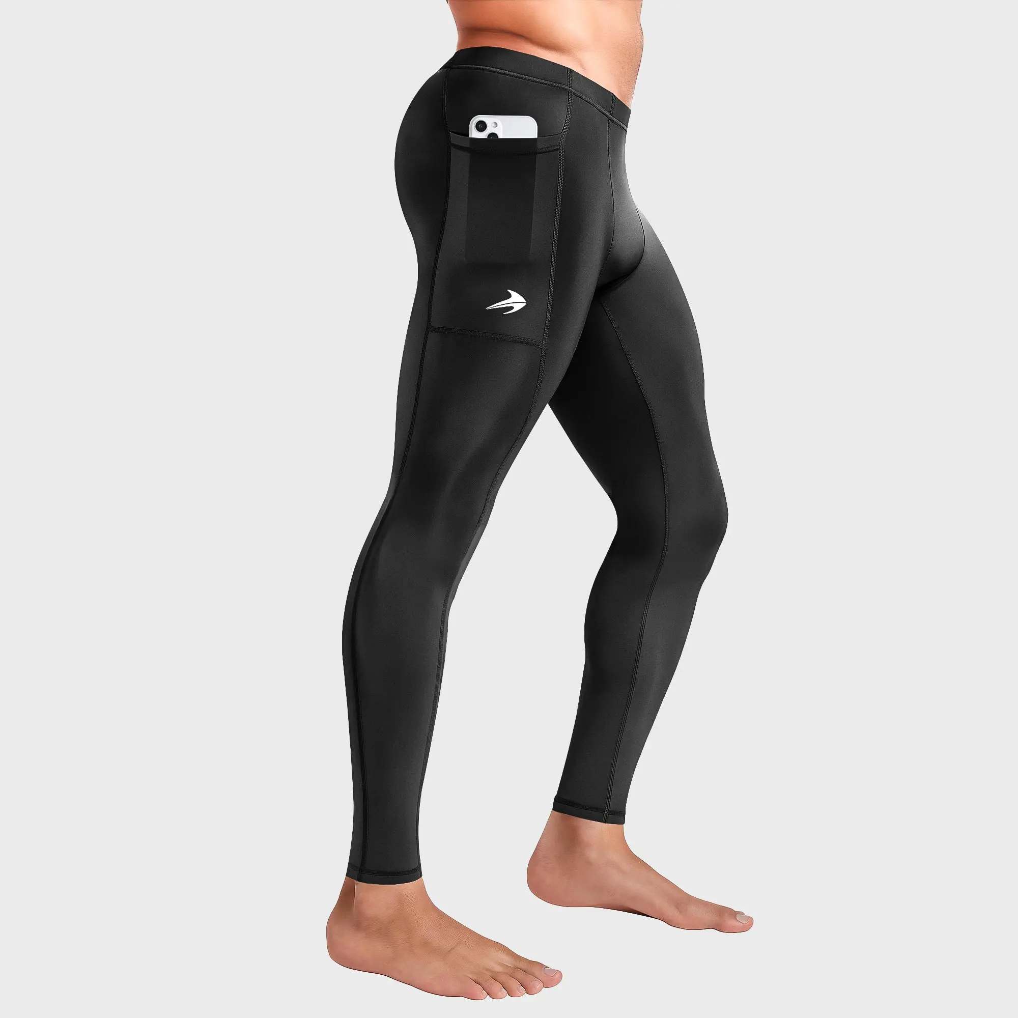 Men's Compression Pants with Pockets - Male Lightweight Muscle Shaping Magically Stretchy Sports Leggings, Black All-Seasons Sports Bottoms for Blood Circulation Support