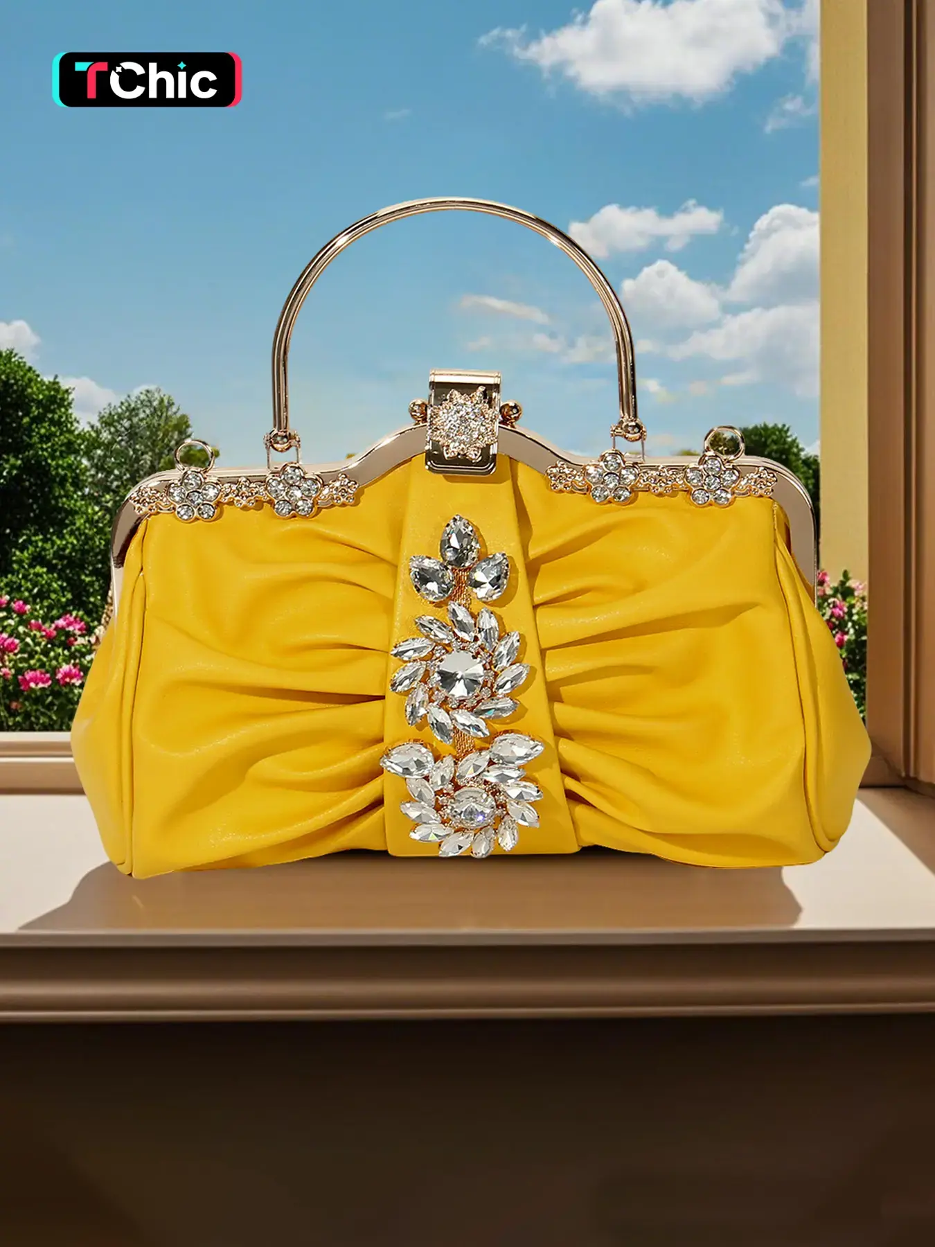 Summer Yellow Pleated PU Women's Evening Clutch Bag, Fashionable Bling Bag, Floral Rhinestone Handbag, Shoulder Chain Convertible Crossbody Bag, Perfect for Weddings, Parties, Dances, Holiday Gifts