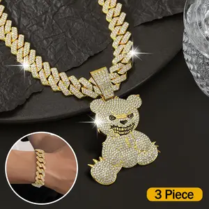 Unisex Hip Hop Jewelry Set - Beast Bear Pendant with Rhinestones Cuban Chain Necklace & Bracelet 3 Piece Set Buy 1 Get 1 Ideal for Parties & Festivals
