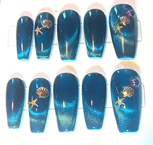 Pisces Tide Press-On Nails | Blue Holo Cat Eye & Sea Charms