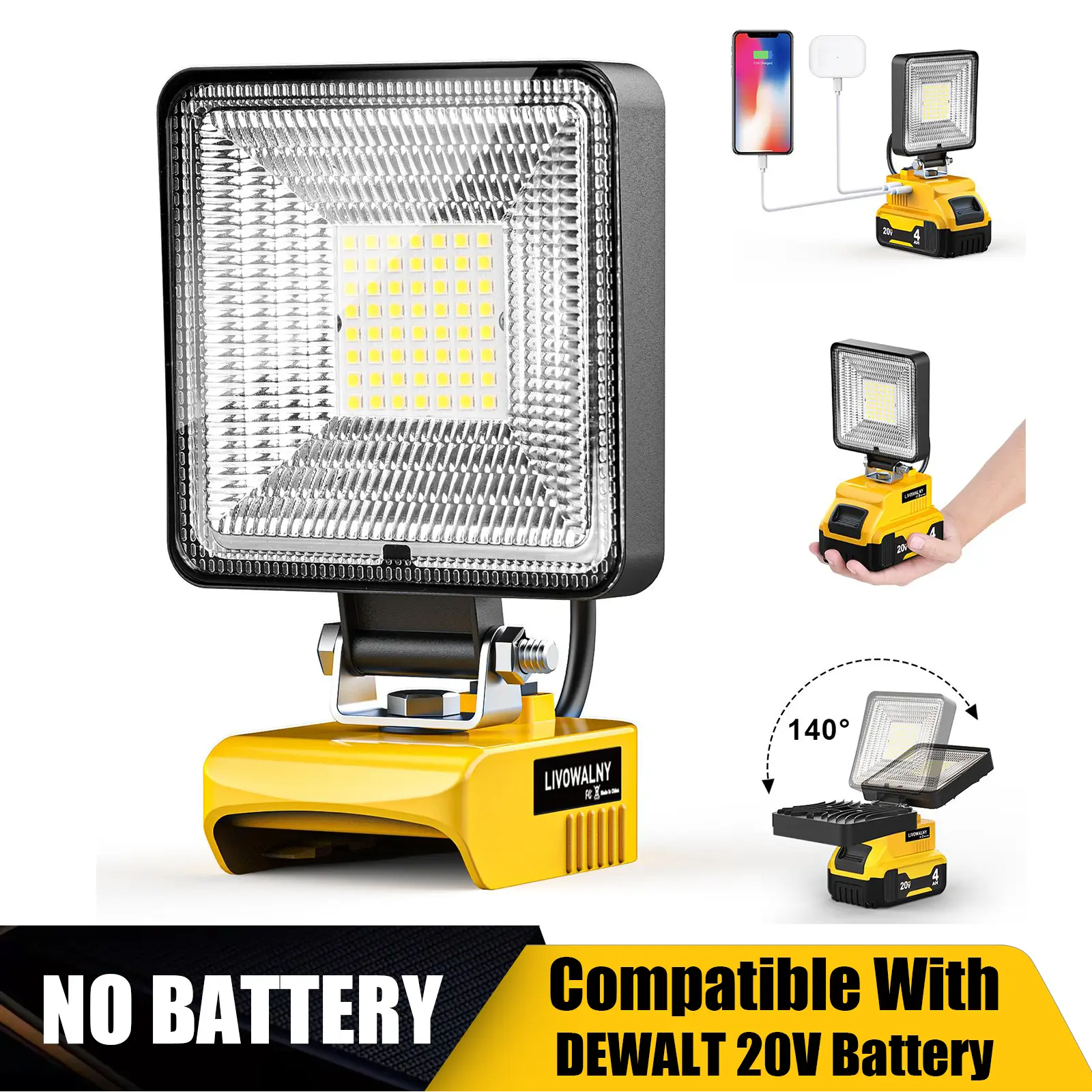 20v Max Led Work Light for Dewalt 20v Battery, Battery Not Included, 30W 3000LM Cordless Battery Lamp, Flood Light Flashlight Tools USB Work Light wit