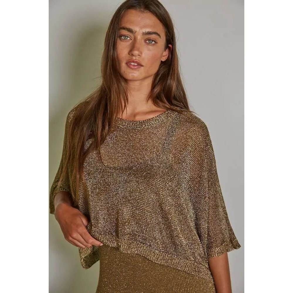 Bronze Metallic Lurex Knit Crop Top for Women, See-Through Short Sleeve Crewneck Polyester Sweater, Knitwear