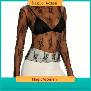 Magic Women Women's Long-Sleeve Knit Polyester Fabric Crew Neck Mesh Embroidered Slim Blouse, Sexy Summer Sun Protection Top