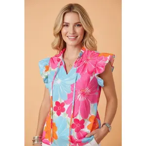 Floral Ruffle Tied V-Neck Flutter Sleeve Blouse