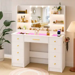 LAKEMID Modern Glass Top Vanity Set with Large Mirror Drawers Power Outlet 3 Color Adjustable Lighting for Bedroom White Design Desk LED Lights sound sync transparent gifts wives Charging Station RGB Makeup vanity desk