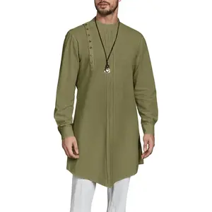 Men's Casual Cotton Linen Kaftan Thobe Long Sleeve Button Muslim Robe Gown Shirt