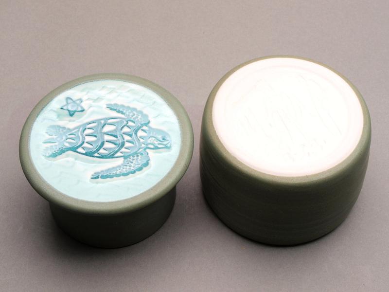 Handmade Ceramic Butter Crock Jar/dish with Sea Turtle Lid. Sage Green color, Turquoise  "Turtle in the Waves" Motif Design Top.