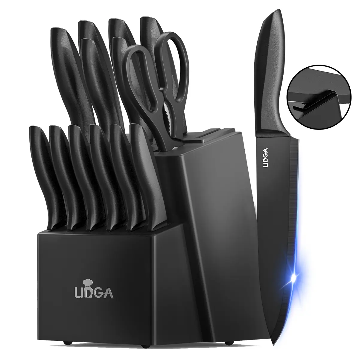 Kitchen knife set-15PCS high carbon black stainless steel blade, with wooden knife rest and sharpener, ergonomic handle, sharp meat cleaver, serrated bread knife, steak knife and precision scissors-the perfect cooking gift for parents and chefs.
