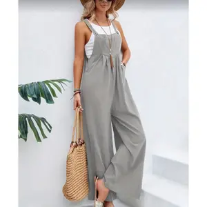 Women Baggy Dungarees Jumpsuit Strappy Wide Leg Playsuit Overalls XL New   This Women Baggy Dungarees Jumpsuit in XL size features a square neckline, sleeveless design, and wide-leg style, making it perfect for a casual and comfortable look. The gray over