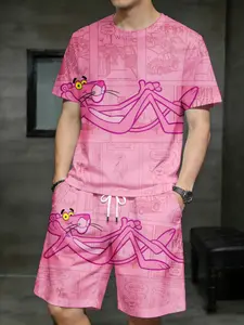 summer collection Men's shorts + short-sleeve set two-piece set 3D full-size printing Pink Panther Cartoon Character Pattern Print loose and breathable Casual sports, trendy and versatile short-sleeve T-shirt, shorts leisure sports children versatile
